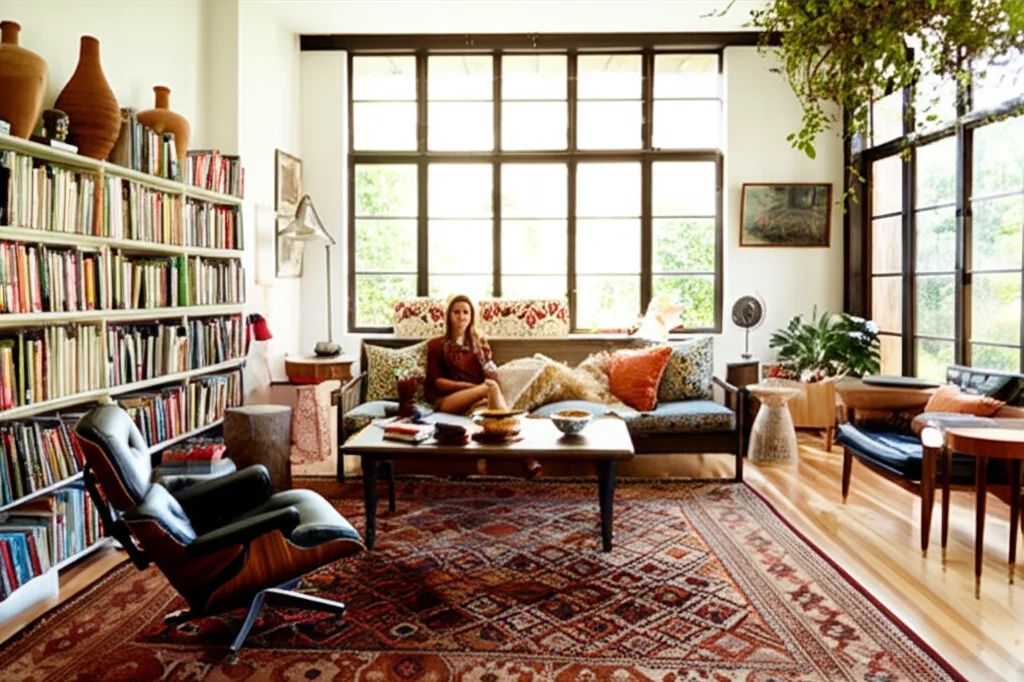 Ultra-detailed, photorealistic interior shot of Eva Mendes and Ryan Gosling's Los Angeles living room. Sun-drenched, boh