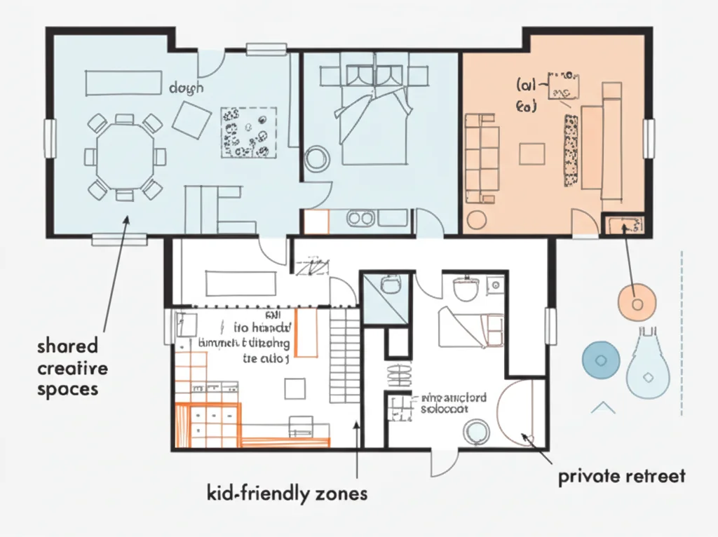 Interior view of a family-friendly living room, illustrating a warm and inviting atmosphere with comfortable furniture and children's toys.