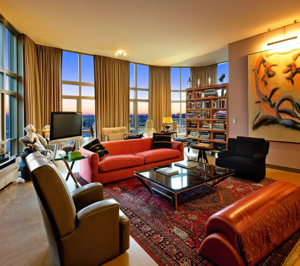 Photorealistic interior, Gigi Hadid and Zayn Malik's New York penthouse living room, modern eclectic style, floor-to-cei
