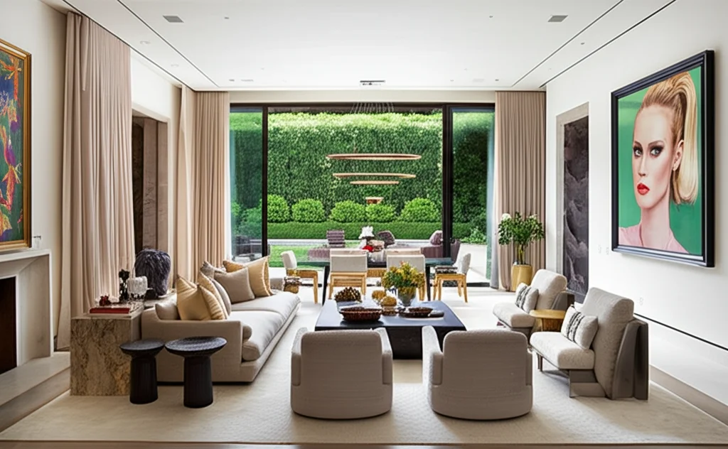Architectural photograph, wide-angle, interior of Heidi Klum and Tom Kaulitz's Beverly Hills mansion living room, showca
