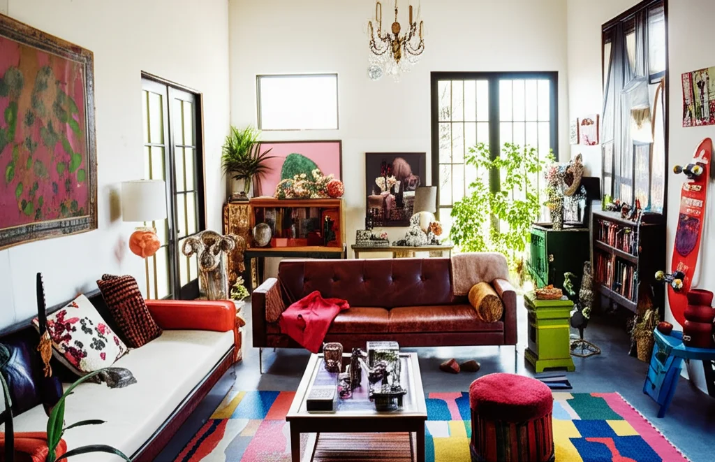 Architectural digest style photo of Jaden Smith's Calabasas living room Eclectic mix of modern furniture and vintage fin