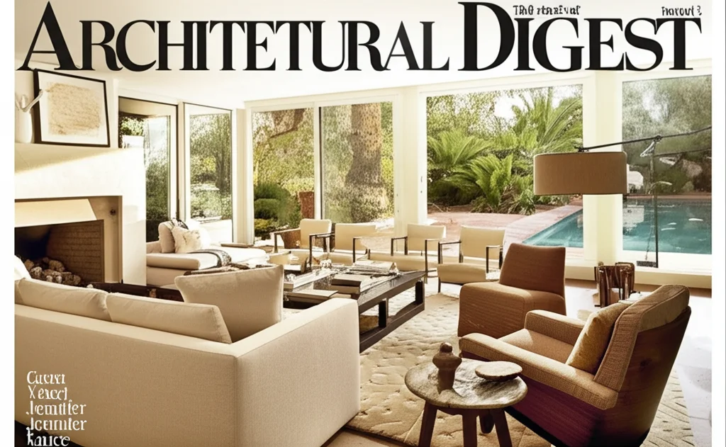 Architectural Digest cover, ultra-realistic photo of Jennifer Aniston's sun-drenched Bel-Air living room, showcasing mid