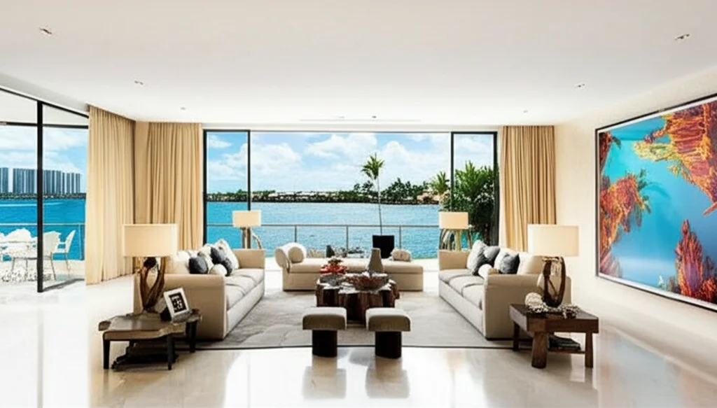 Photorealistic wide shot of Jennifer Lopez's Miami mansion living room, Star Island waterfront view, floor-to-ceiling wi