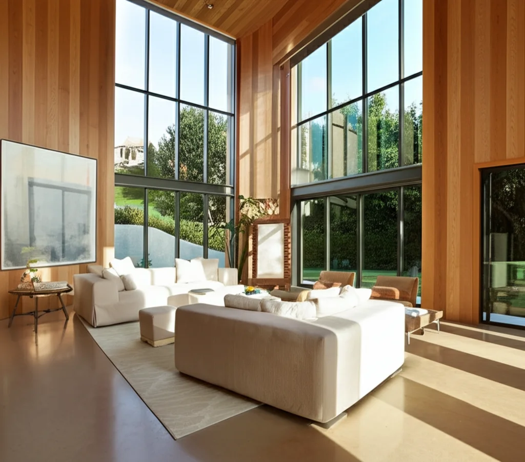 Photorealistic interior shot of Jessica Alba's Beverly Hills living room, bathed in California sunlight streaming throug