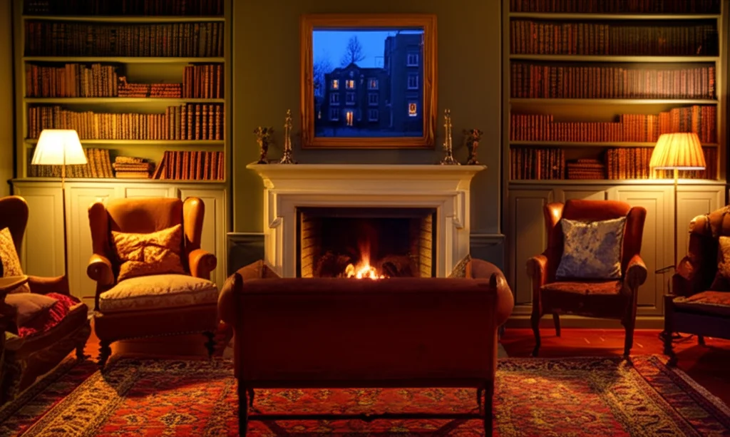 Hyperrealistic photograph of Anmer Hall's living room at dusk. Warm light from a crackling fireplace illuminates antique
