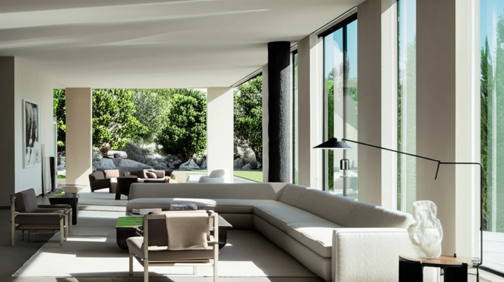 Cinematic photograph, interior, Kendall Jenner's Beverly Hills living room, modern minimalist design, sunlight streaming