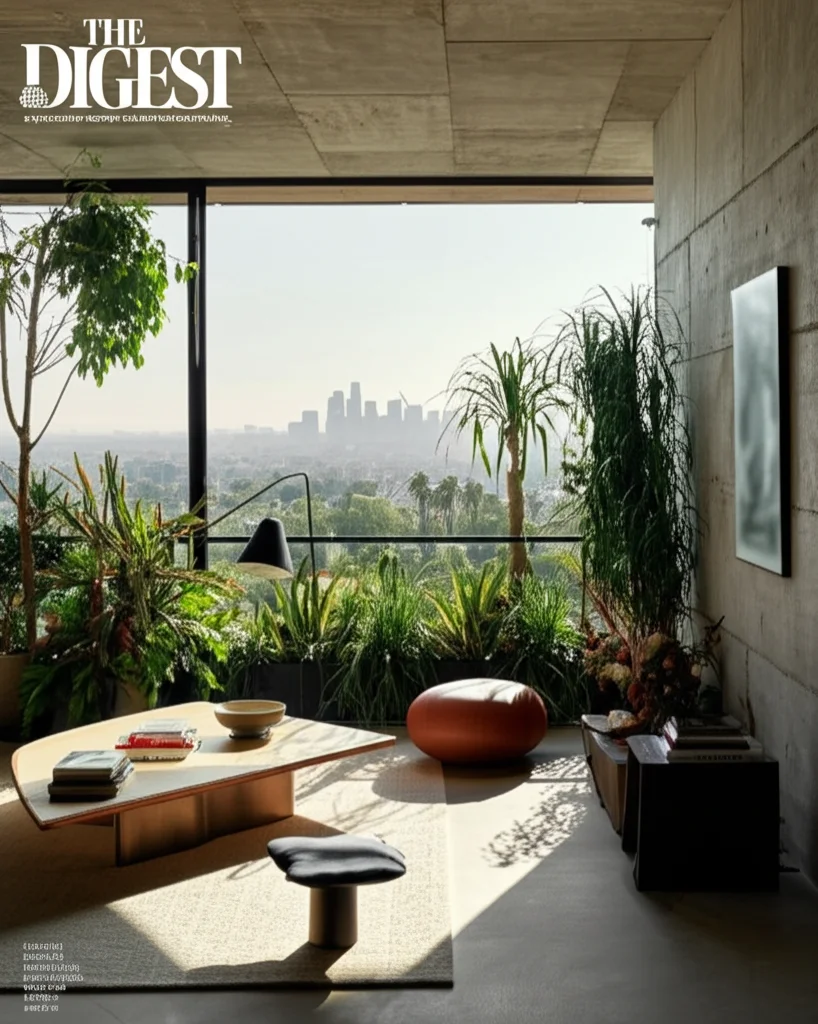 Architectural digest style photograph of Kendrick Lamar's living room, bathed in California sunlight. Minimalist design,