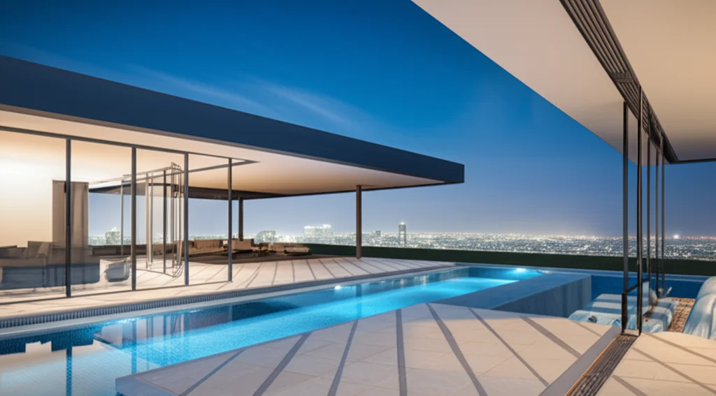 Exterior view of Kendrick Lamar's modern mansion, showcasing its clean lines and expansive glass walls.