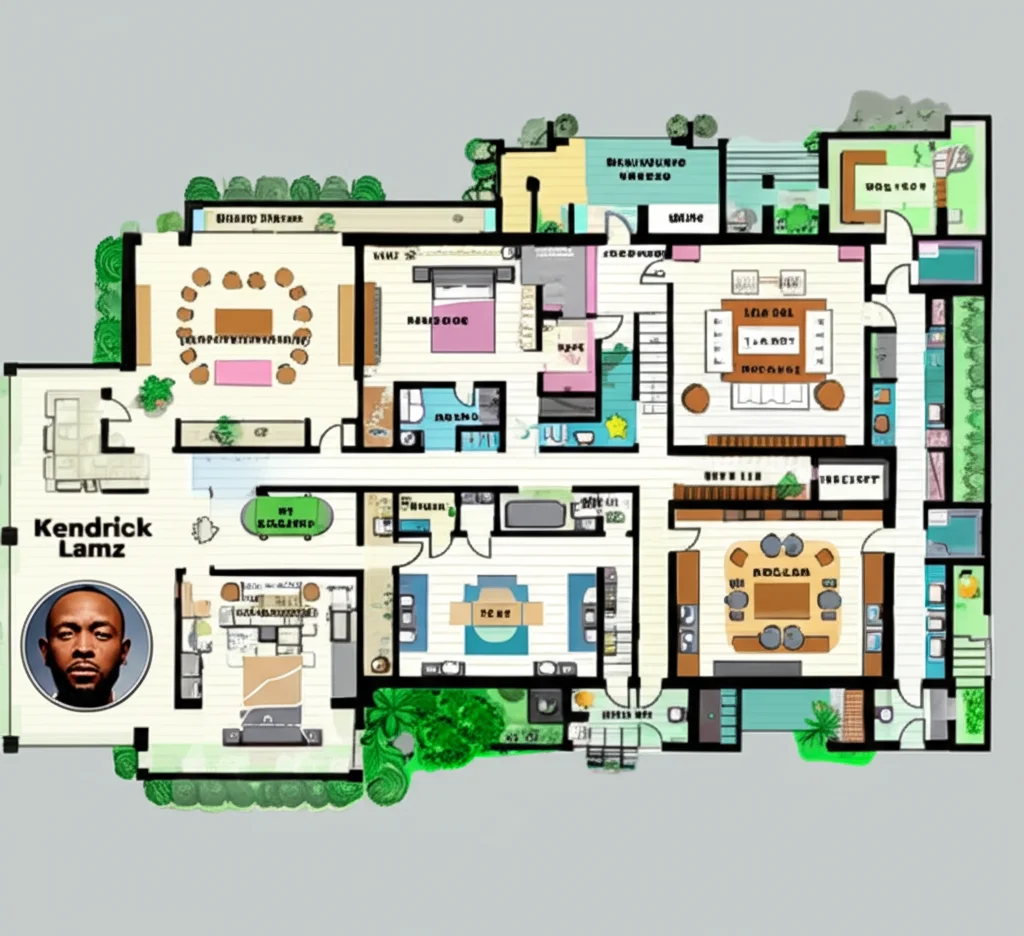 Interior of Kendrick Lamar's mansion, showcasing the chef's kitchen with high-end appliances and custom cabinetry.