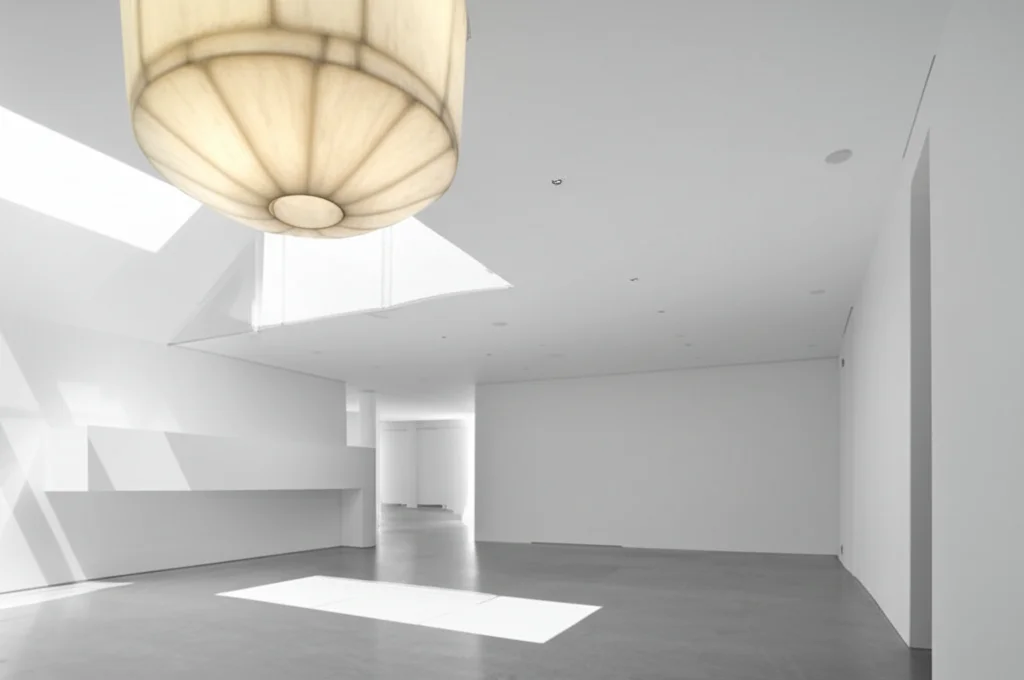 Architectural photograph, ultra-wide angle, interior of Kim Kardashian and Kanye West's Calabasas ranch, stark white wal