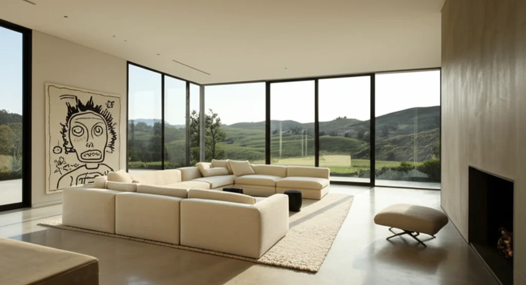 Ultra-detailed, photorealistic wide shot of Kim Kardashian's minimalist living room in Calabasas, California. Cream-colo