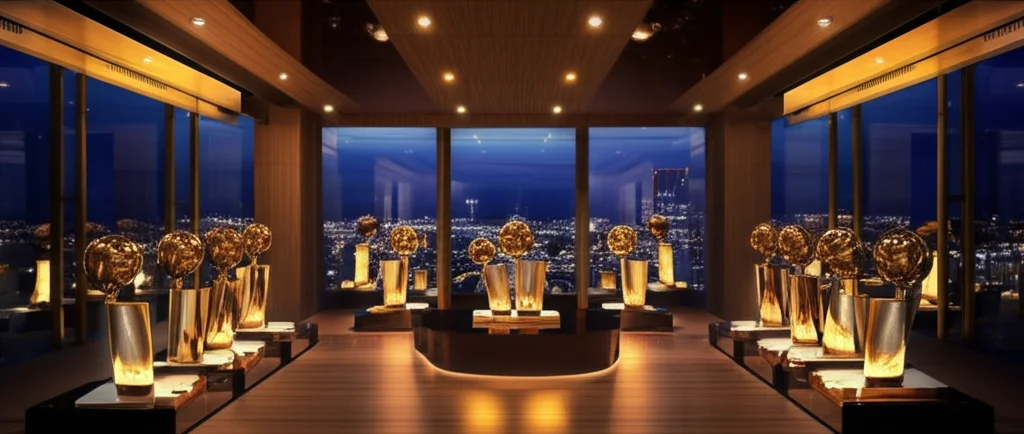 Cinematic photograph, opulent Los Angeles mansion interior, LeBron James's trophy room, featuring NBA championship troph