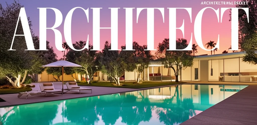 Architectural Digest cover photo, Leonardo DiCaprio's Palm Springs estate at sunset, infinity pool reflecting the pink s