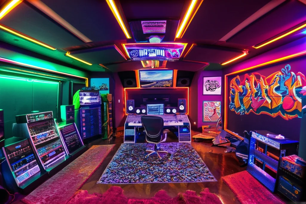 Cinematic photograph, interior of Lil Wayne's Hidden Hills mansion, showcasing a recording studio bathed in neon light,