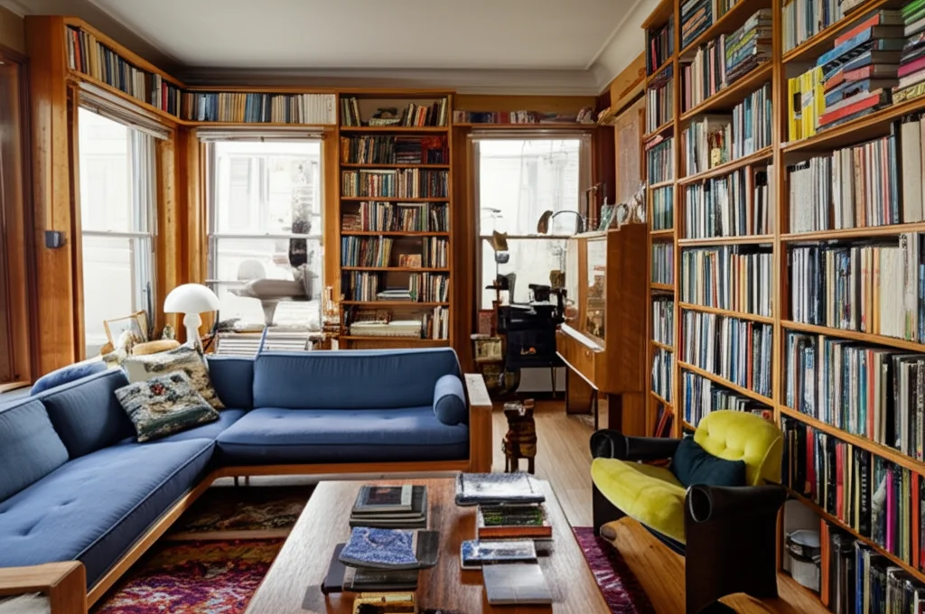 Cinematic photograph, interior, living room of Maggie Gyllenhaal and Peter Sarsgaard's Brooklyn townhouse, overflowing b