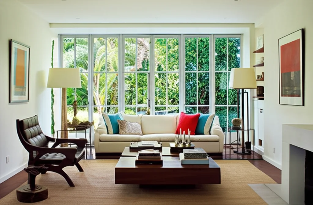 A sun-drenched, wide-angle photograph of Matthew Perry's living room, capturing the relaxed California vibe. Warm, natur