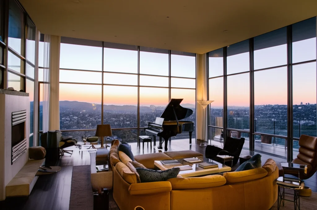 Photorealistic, wide-angle interior shot of Matthew Perry's living room in his Los Angeles house, featuring floor-to-cei