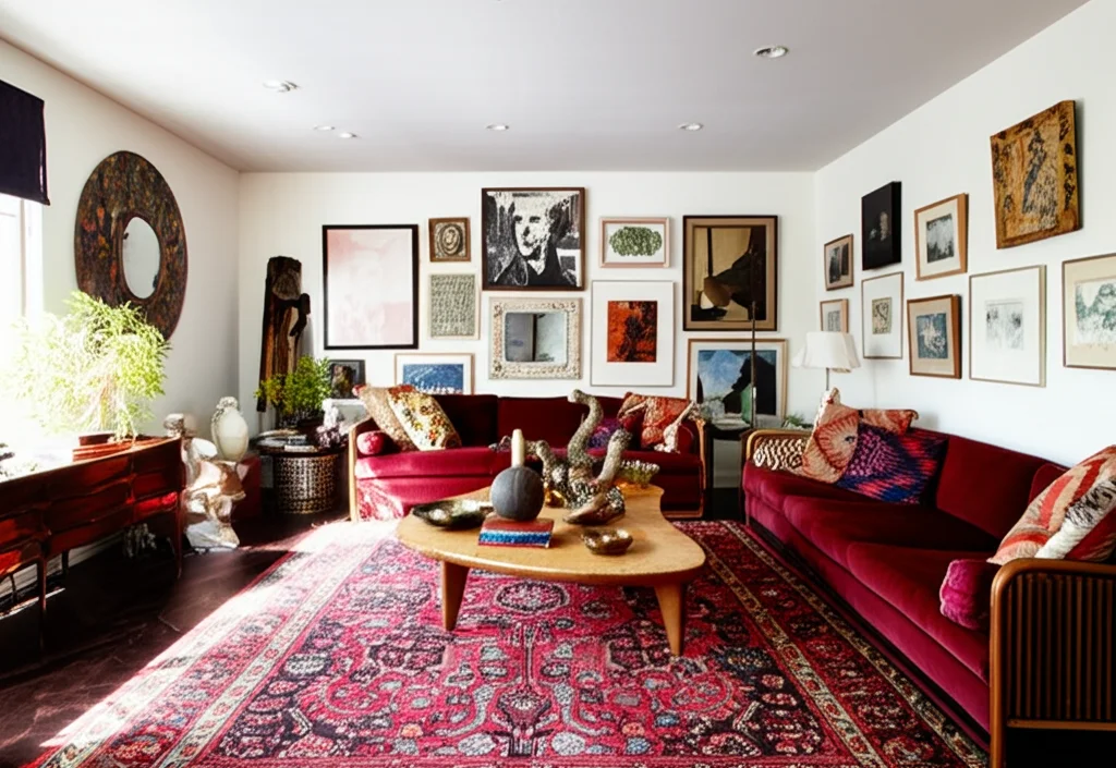 Photorealistic interior shot of Nicole Richie and Joel Madden's living room, Los Angeles, showcasing bohemian chic style