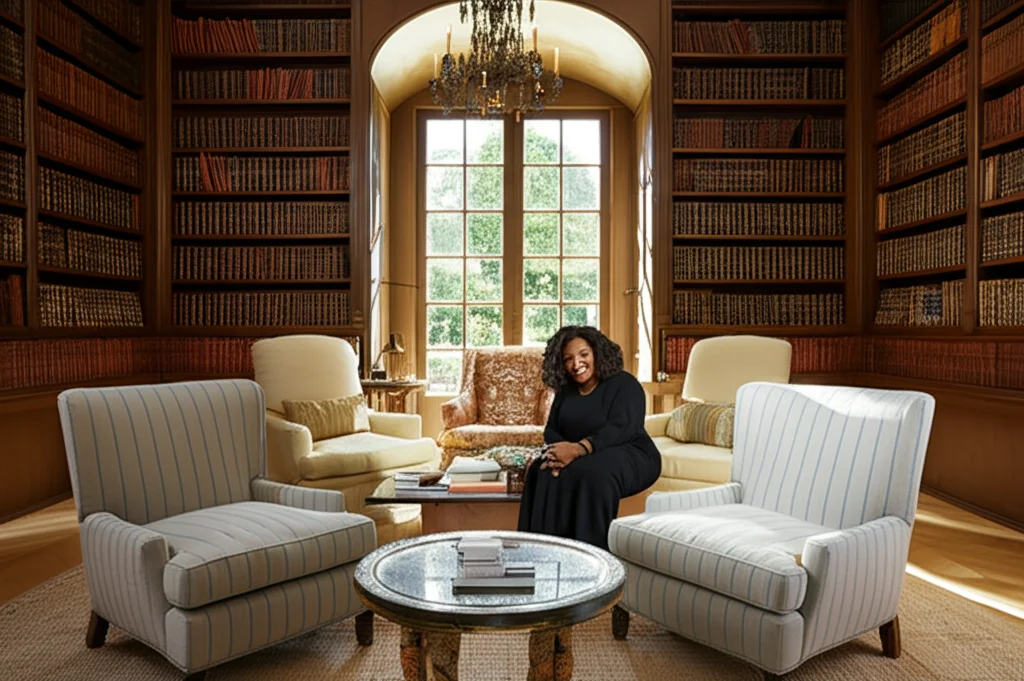 Cinematic photograph, wide shot, Oprah Winfrey's Montecito estate library floor-to-ceiling bookshelves overflowing with