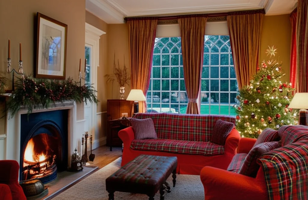 Hyperrealistic photo of Anmer Hall's cozy living room at Christmas, crackling fireplace, plush sofas adorned with tartan