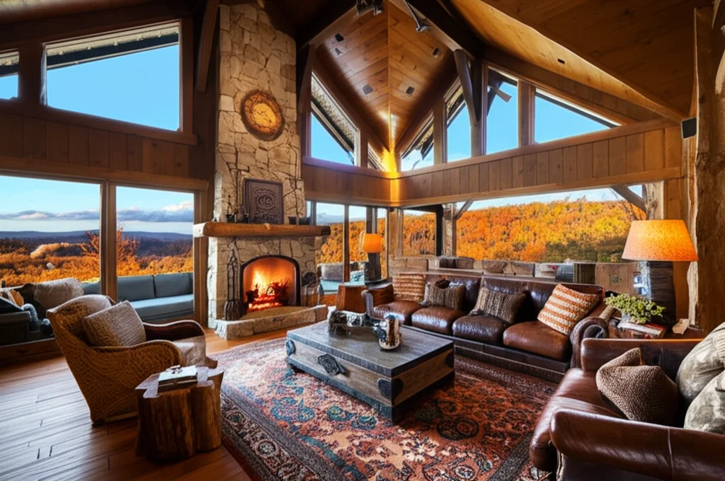 Cinematic photograph, Reba McEntire's grand living room in her Tennessee ranch, soaring ceilings, rustic stone fireplace