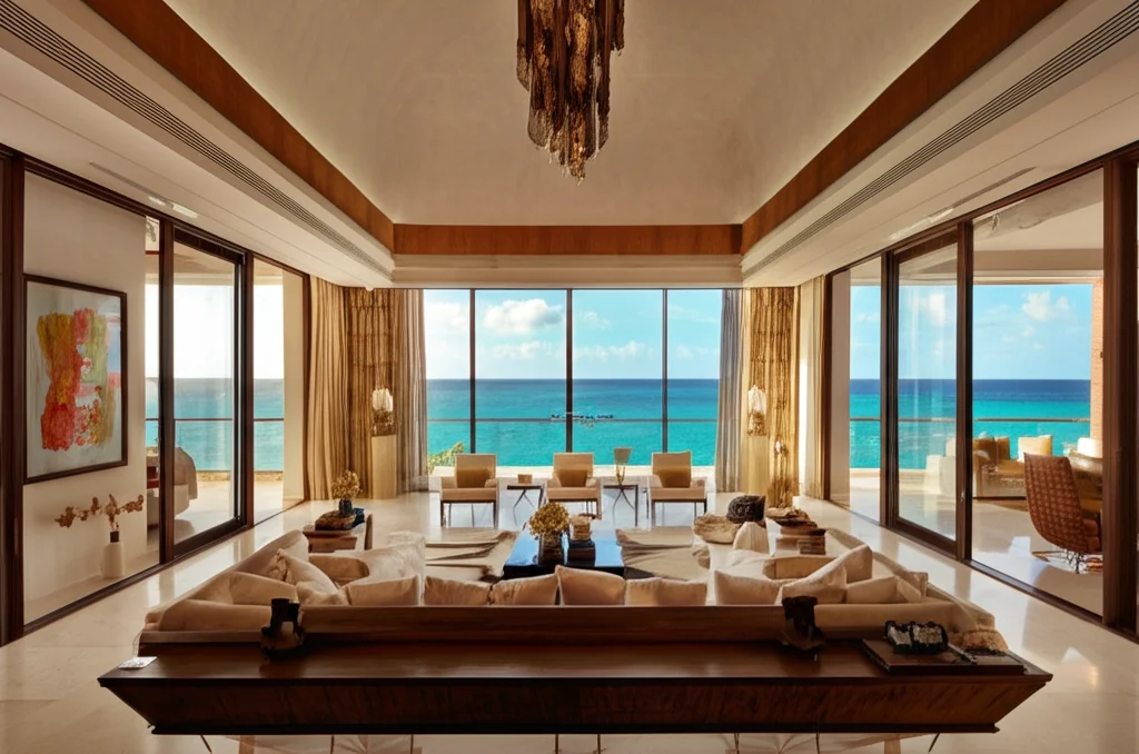 Cinematic photograph, interior, Rihanna's Barbados mansion, opulent living room, floor-to-ceiling windows overlooking tu