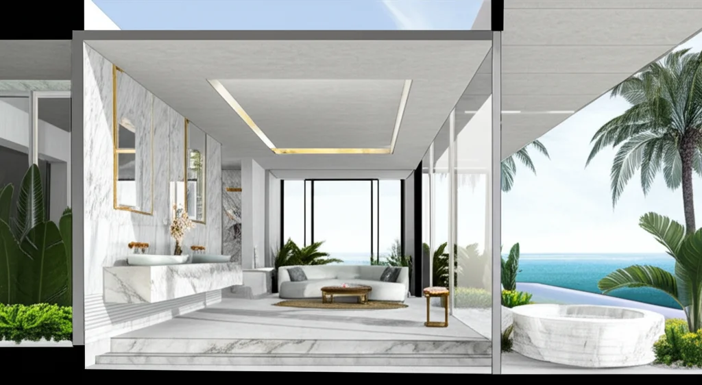 Aerial view of a luxurious villa nestled on the coast of Barbados, showcasing lush tropical surroundings and stunning ocean views, representing Rihanna's Bajan paradise.
