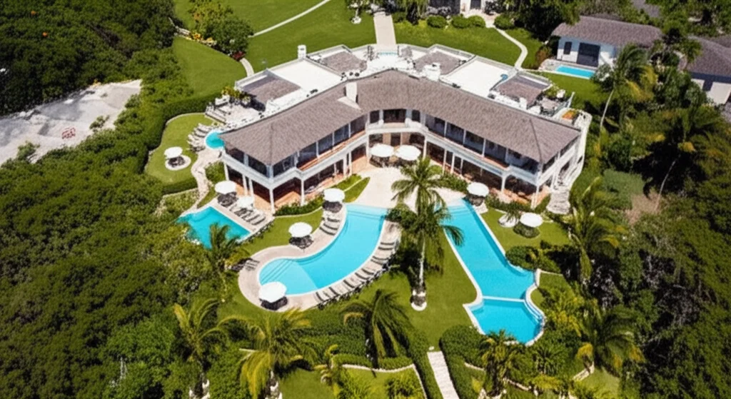 A modern, open-concept kitchen with high-end appliances, sleek countertops, and an island with bar seating, bathed in natural light from large windows overlooking a tropical landscape, depicting a luxurious and functional space for cooking and entertaining.