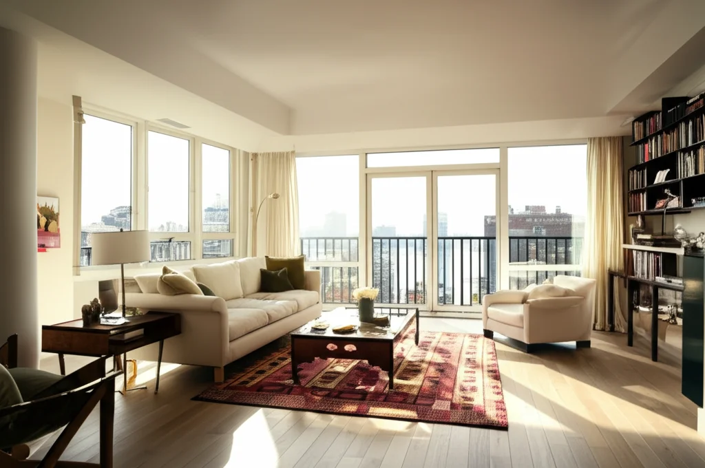 Cinematic photograph, wide angle, interior of Scarlett Johansson's chic New York City apartment, showing a sun-drenched