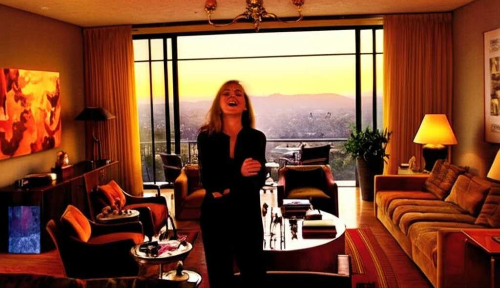 Cinematic photograph, Sharon Stone's living room in her Hollywood Hills mansion, 1990s, opulent but lived-in, mid-centur