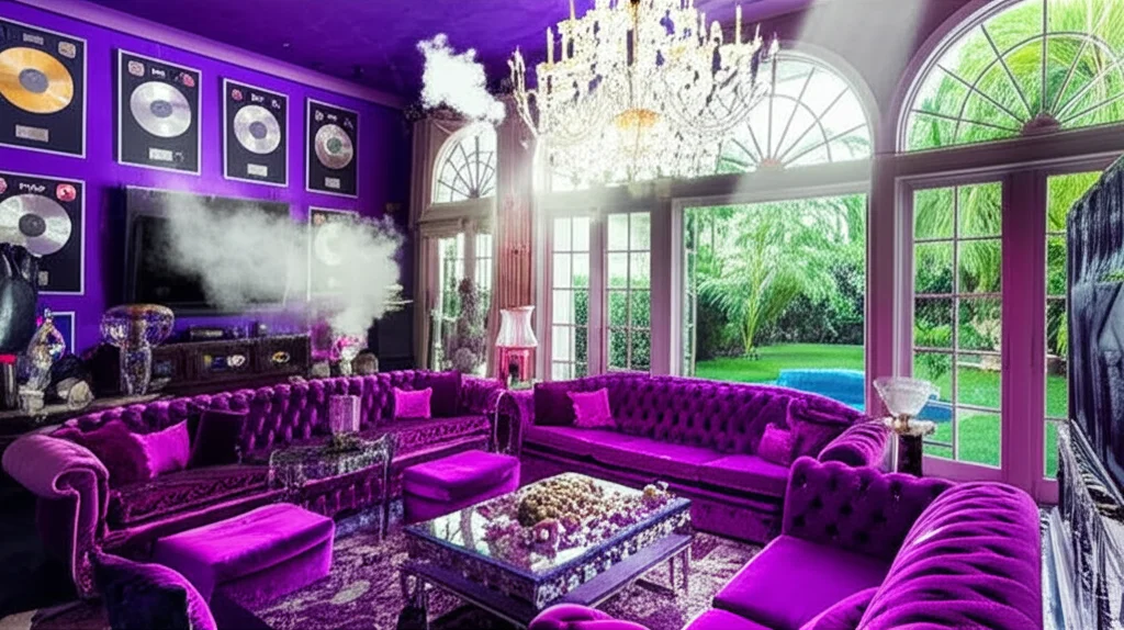 Cinematic photograph, wide angle, interior of Snoop Dogg's mansion living room, overflowing with purple velvet furniture