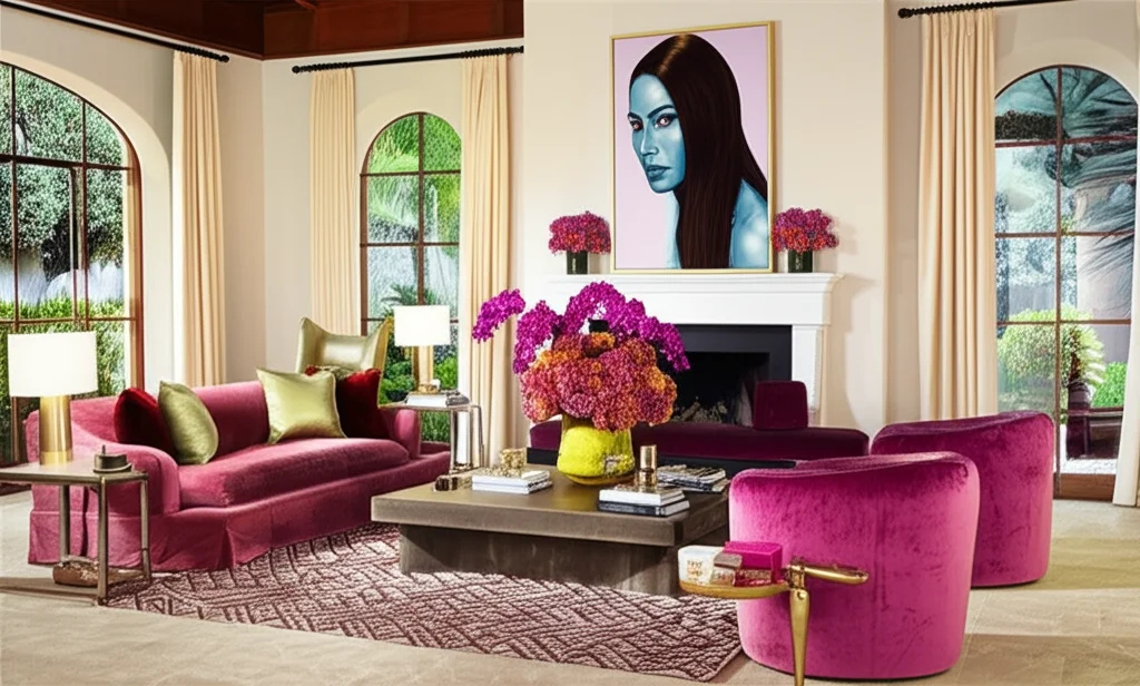 Cinematic photograph, wide angle lens, Sofia Vergara's sun-drenched Beverly Hills living room, showcasing plush velvet f