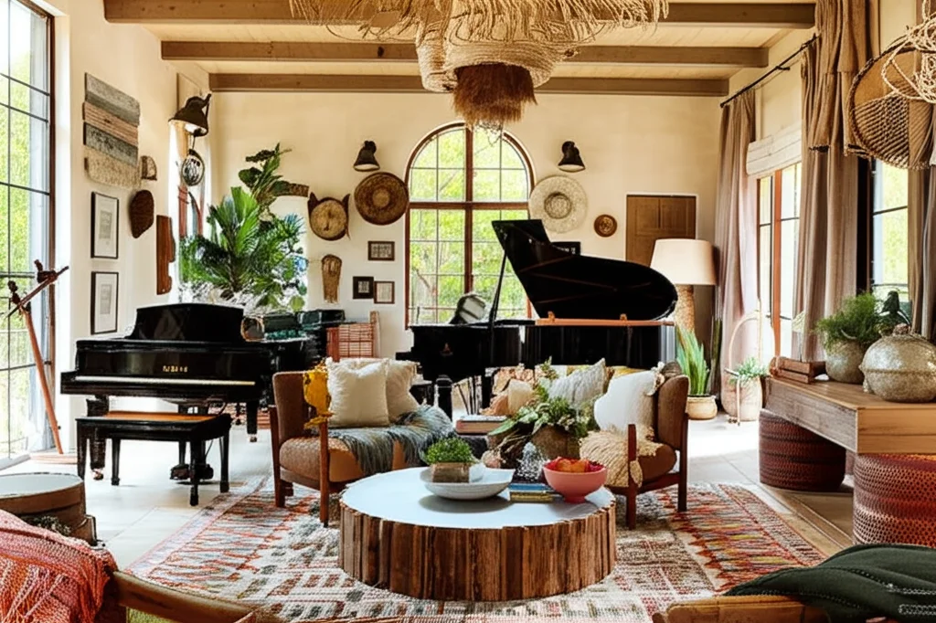 Cinematic photograph, interior of Taylor Swift's Los Angeles living room, filled with natural light, showcasing a grand