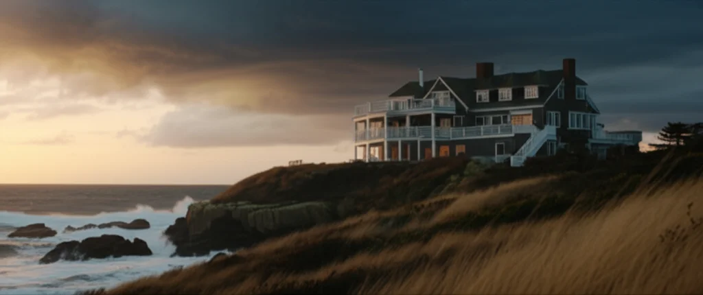 Cinematic wide shot of Taylor Swift's High Watch estate in Watch Hill, Rhode Island, overlooking the ocean during a stor