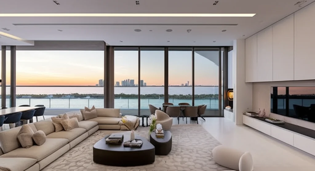 Ultra-detailed, photorealistic interior of Tom Brady and Gisele Bündchen's Miami mansion living room, showcasing floor-t