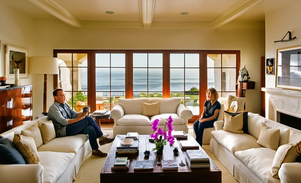 Cinematic, wide-angle photograph of Tom Hanks and Rita Wilson's sun-drenched living room in their Pacific Palisades esta