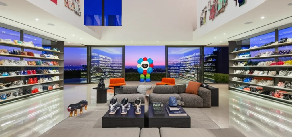 Cinematic photograph, wide-angle shot of Travis Scott's Beverly Hills mansion living room at twilight, showcasing a vast
