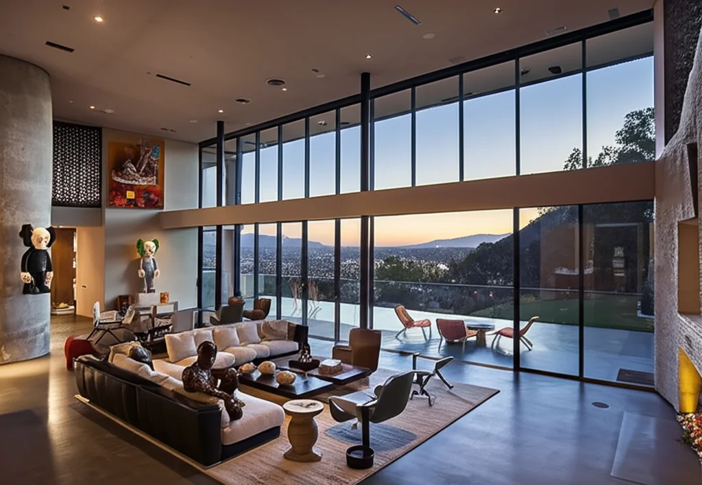 Ultra-realistic, cinematic photograph of Travis Scott's open-plan living room in his Beverly Hills mansion soaring ceili