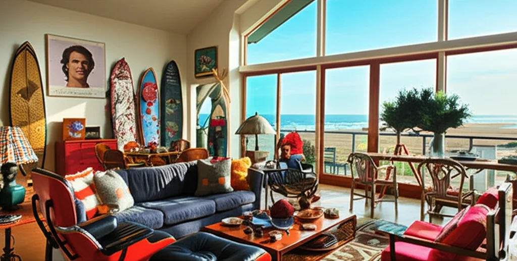 Cinematic photograph, wide angle, interior of Will Ferrell's Malibu beach house living room. Eclectic mix of vintage sur