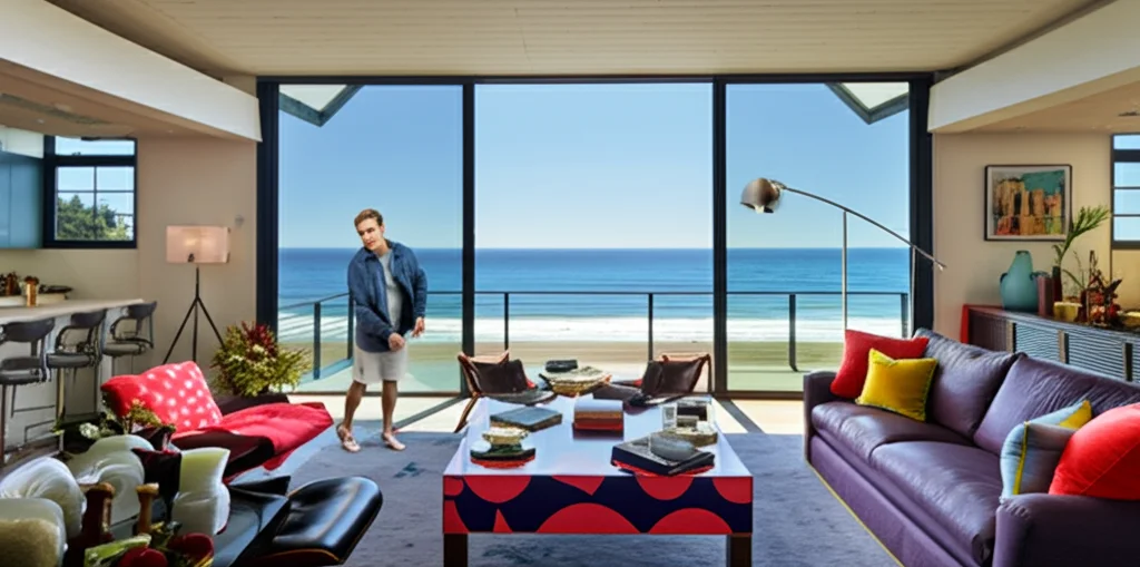 Cinematic photo, interior of Will Ferrell's Malibu beach house, expansive ocean view through floor-to-ceiling windows, m