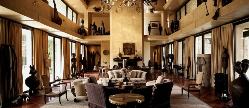 Cinematic photograph, interior of Will and Jada Pinkett Smith's Calabasas mansion, showing the grand living room with ea