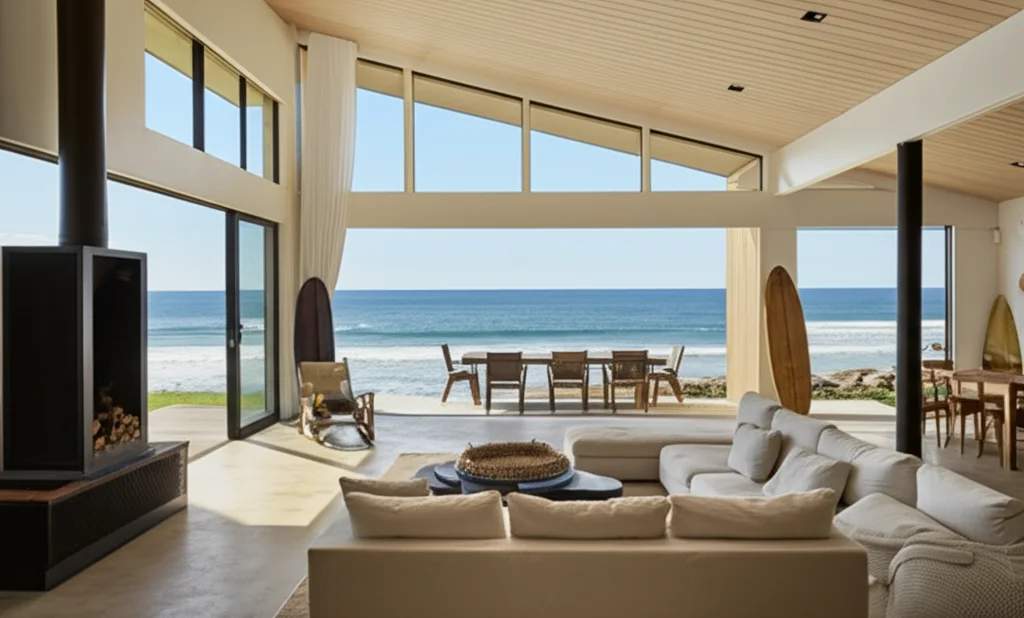 Cinematic photograph, wide angle, Zac Efron's modern Australian beachfront home interior, expansive living room with oce