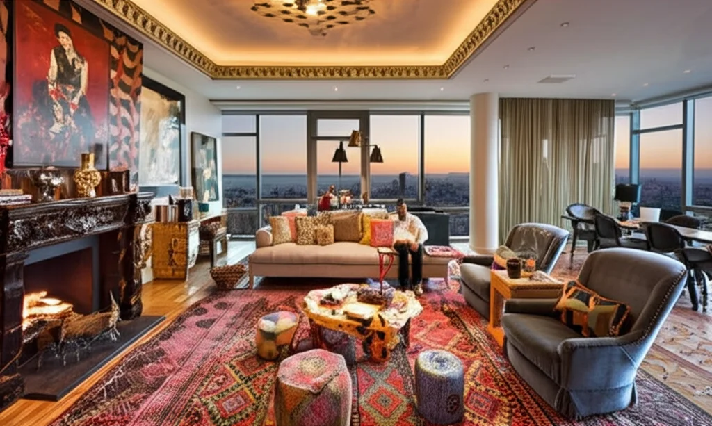 Cinematic photo of Zayn Malik and Gigi Hadid's NYC penthouse living room, overflowing with eclectic art, textured Morocc