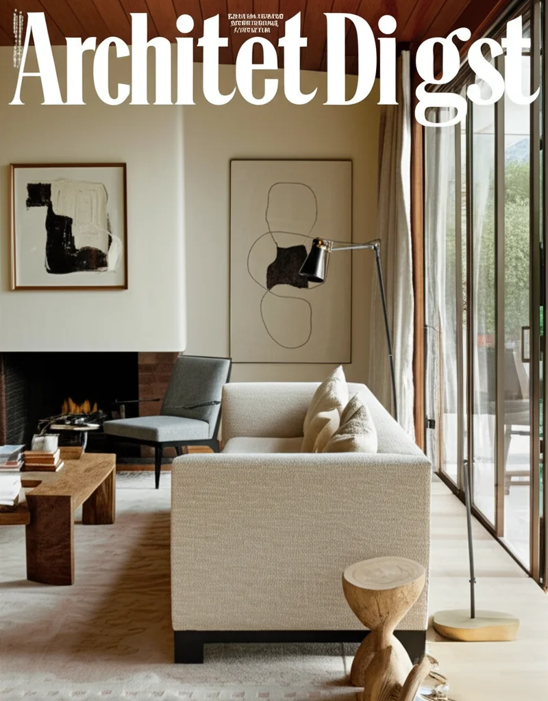 Architectural Digest cover photography style Interior shot of Jennifer Lawrence's living room in her Los Angeles home. N