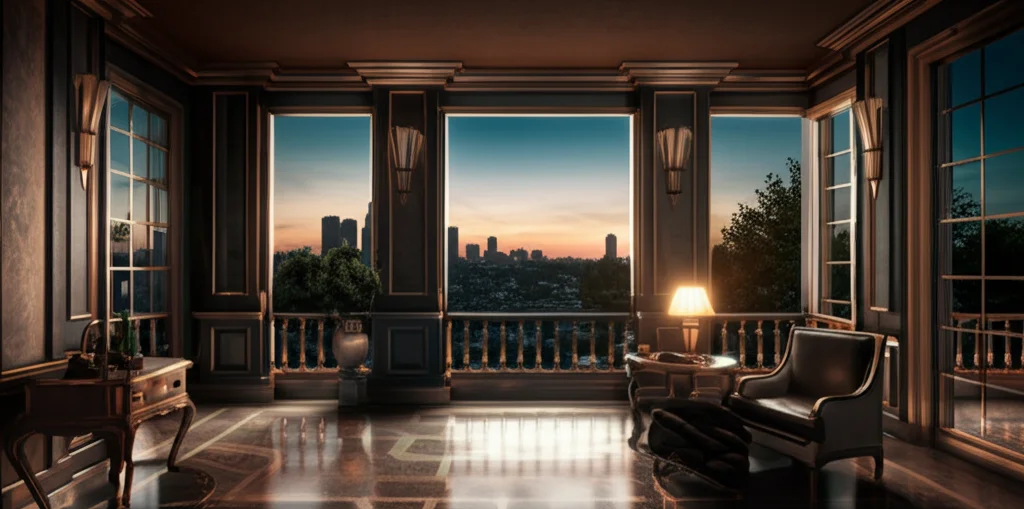 Cinematic photo, opulent art deco penthouse interior, reminiscent of 1930s Hollywood glamour, panoramic view of Los Ange