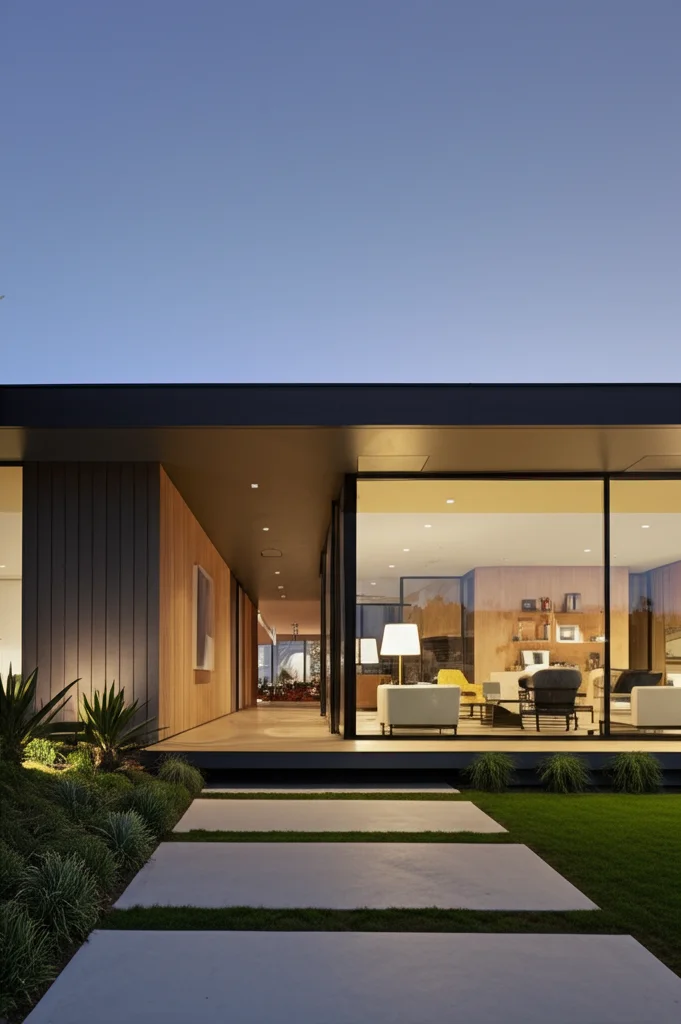 Architectural photograph, Jon Hamm's Los Angeles home exterior at dusk, sleek modern lines, floor-to-ceiling windows ref