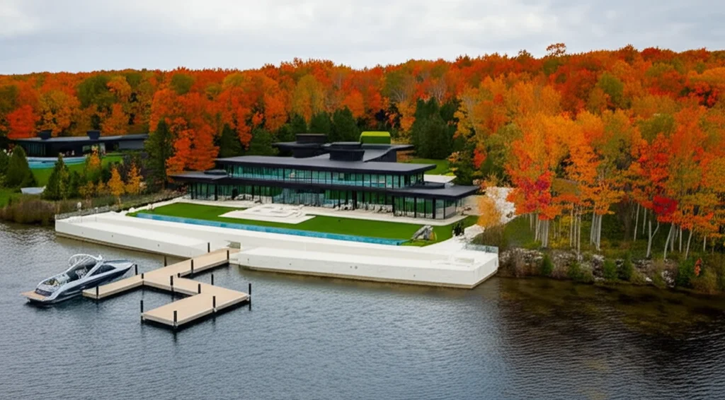 Cinematic photograph, aerial view, Justin Bieber and Hailey Baldwin's modern Ontario lakeside mansion, sprawling propert