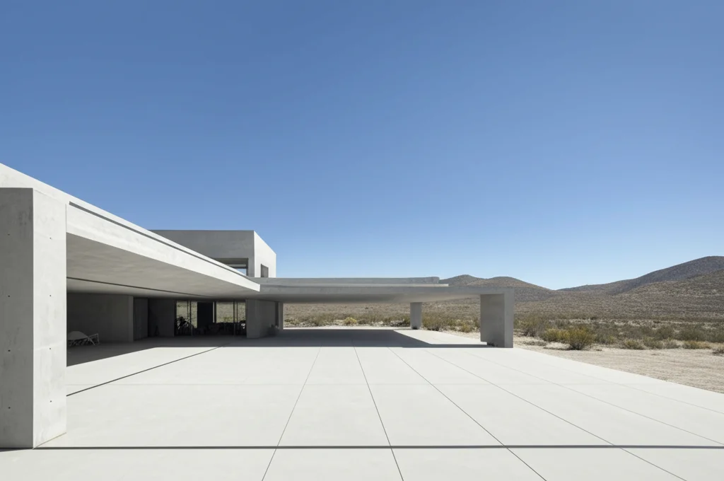 Architectural photograph, ultra-wide angle, Kanye West's minimalist Calabasas ranch, vast open space, concrete structure