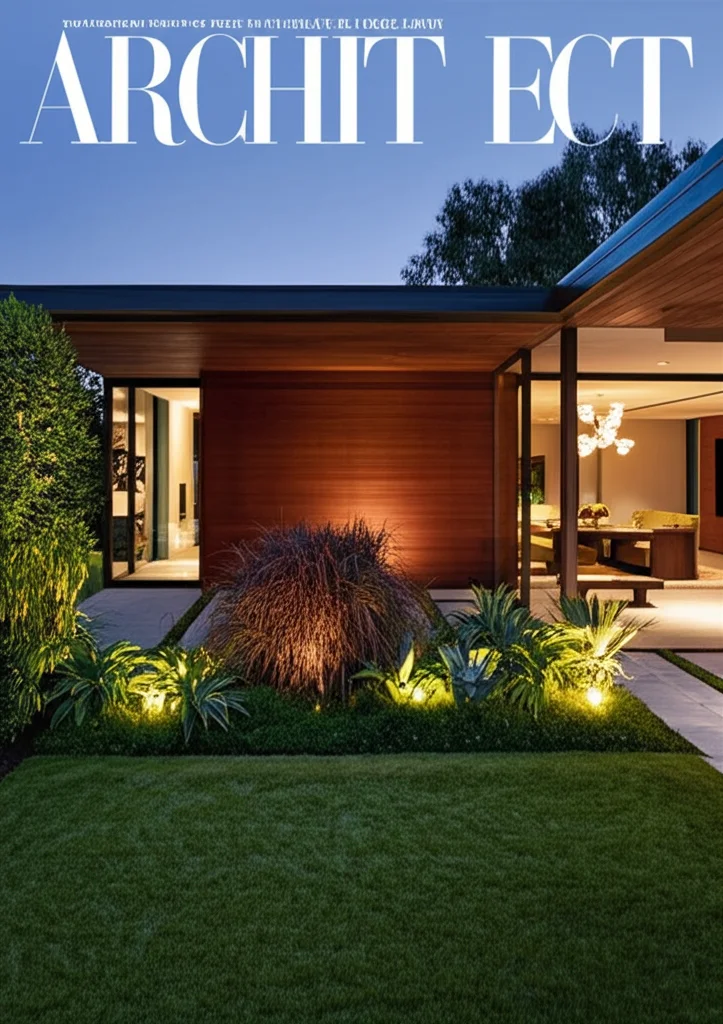 Architectural Digest cover photo of Keanu Reeves' secluded, modern Los Angeles home exterior at twilight. Minimalist des