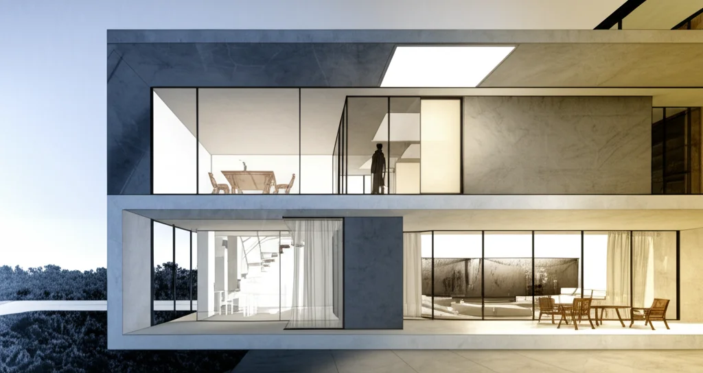 A minimalist and modern living room with large windows, comfortable furniture, and a neutral color palette, representing the potential interior design of Keanu Reeves' home.